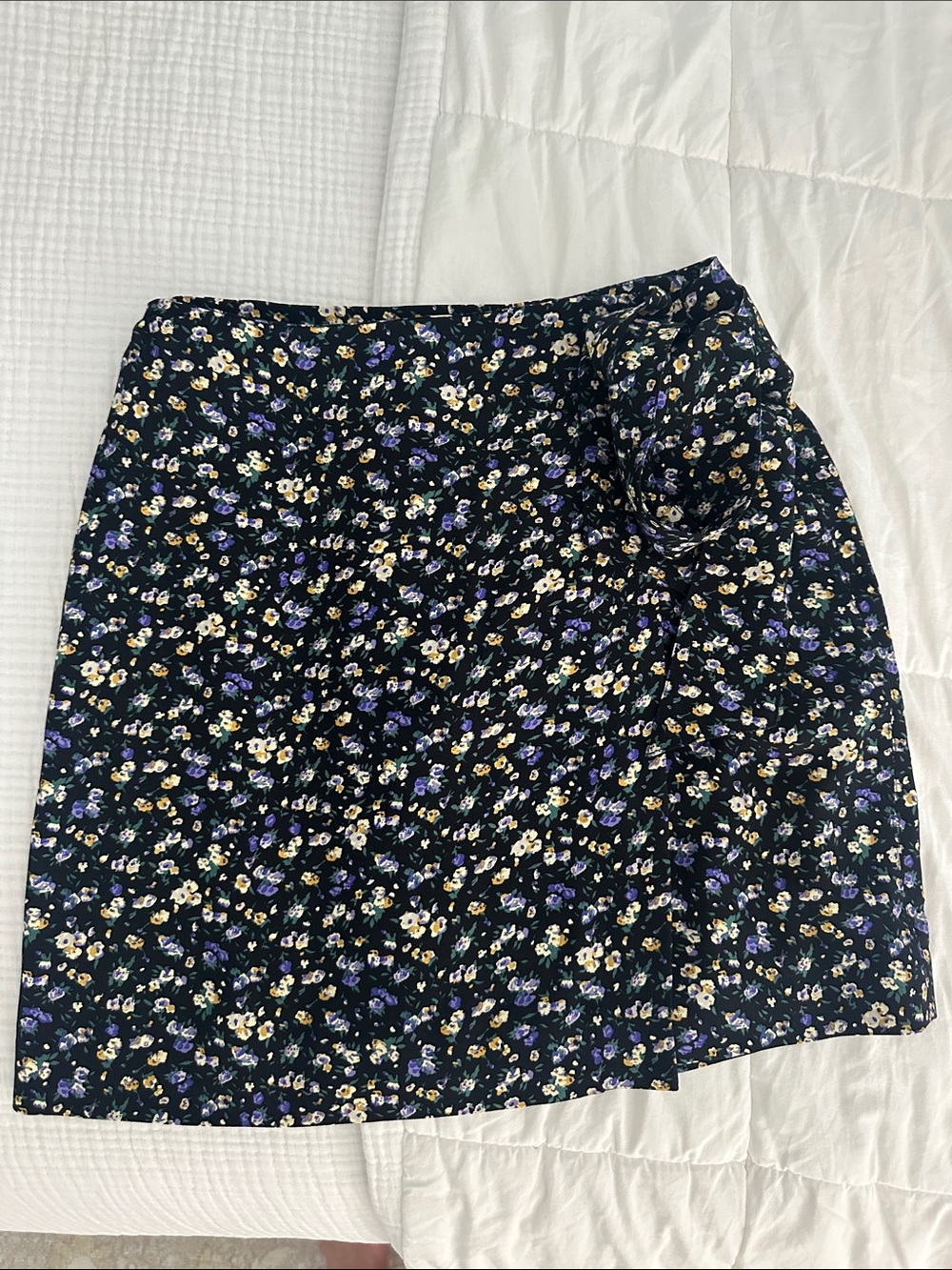 Sezane Floral Black Mini Skirt with Purple and Cream Blooms